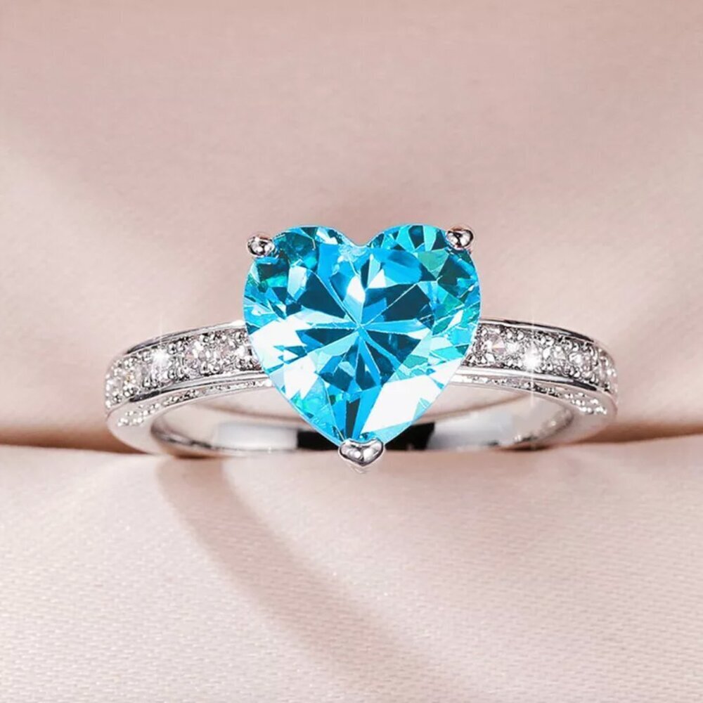 925 Sterling Silver Aquamarine Diamond Heart Ring